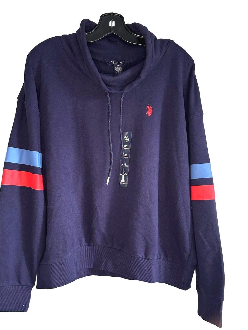 U.S. Polo Assn Womens XXL Navy Cowl Neck Sweatshirt Blue Red Striped Sleeves
